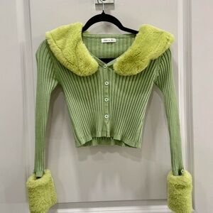 Green Ribbed Cardigan with Faux Fur Trim